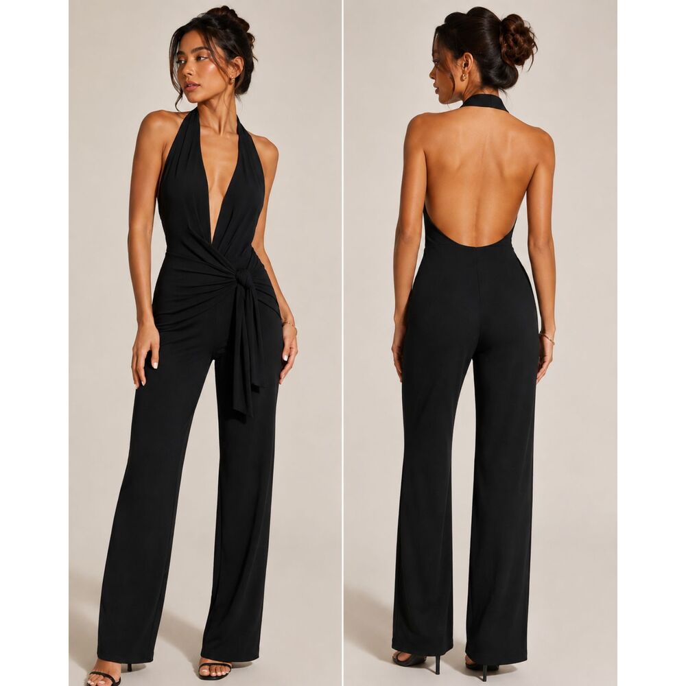 SHEIN BAE Black Deep V Knot Halter Wide Leg Jumpsuit XS NWT